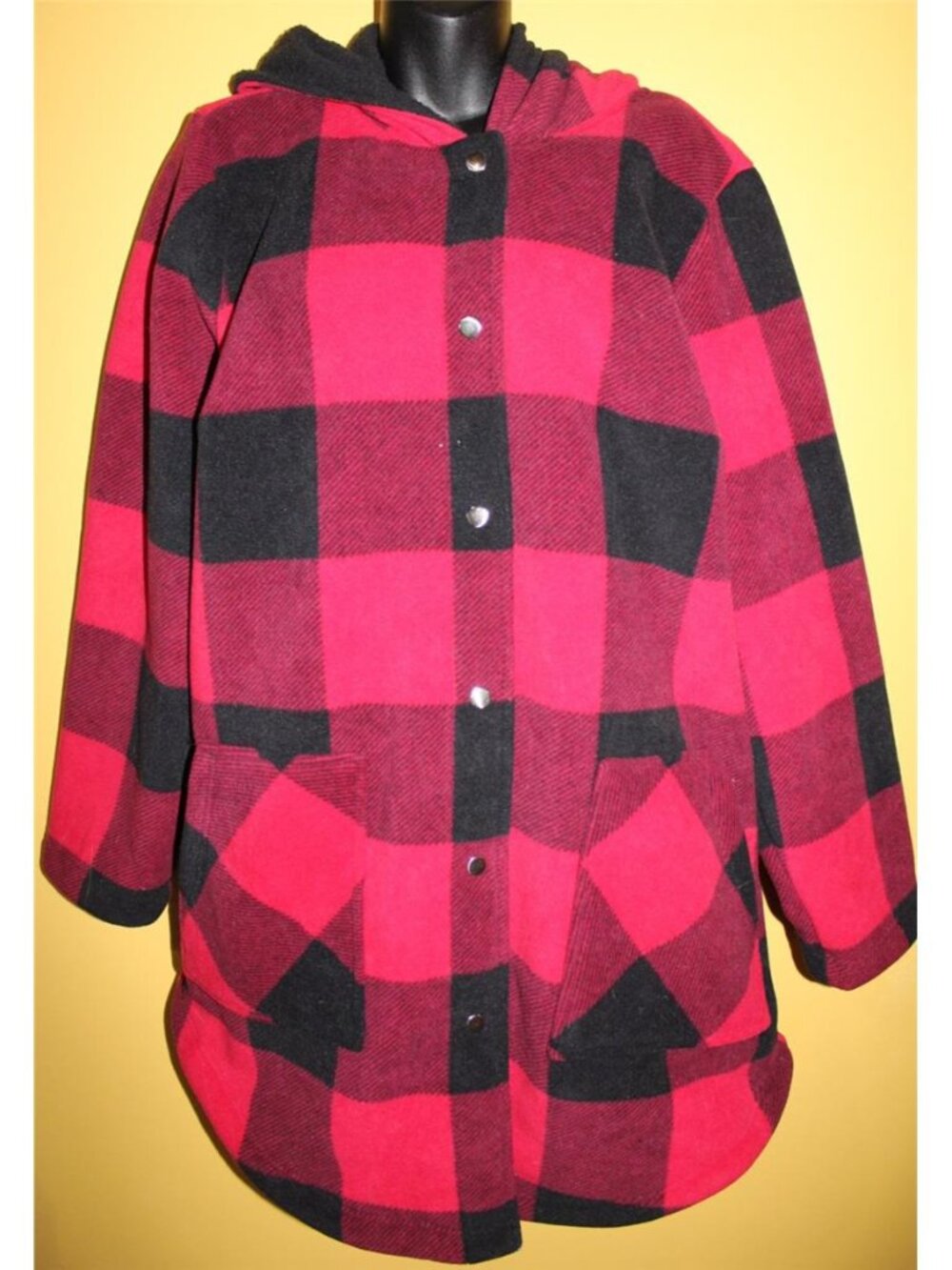 QVC Denim & Co 1x Red Black Fleece Button Front Sherpa Lined Jacket Coat Hooded
